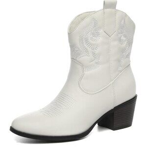 ✨ Tyndall Ankle Boots Women White Faux Leather Western Wear Fashion Cowboy Boots